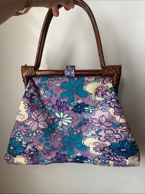 Floral Purple & Teal Fabric Handbag with Wooden Frame